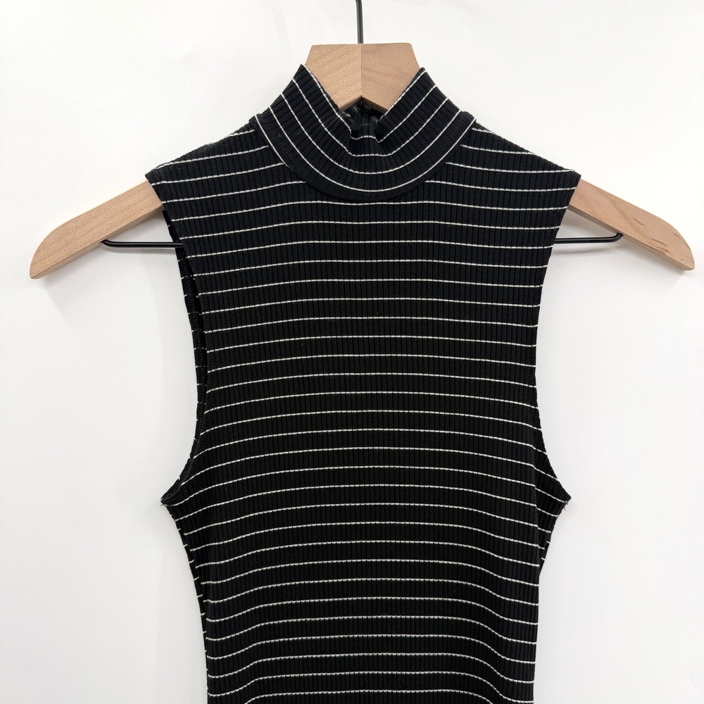 Reformation Bobbie Ribbed Knit‎ Sleeveless Mock Neck Dress in Black Stripe Small - Picture 4 of 10